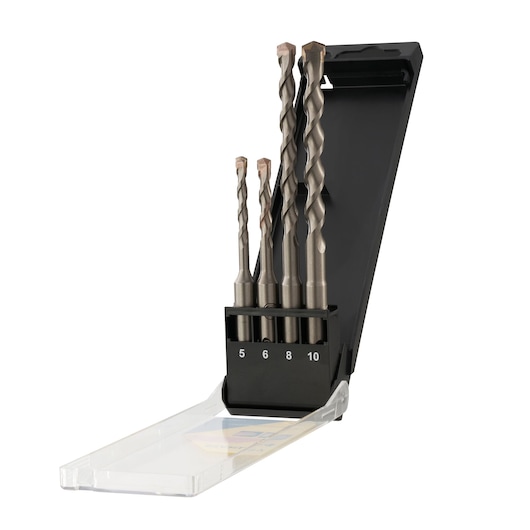 STANLEY STA56012 masonry drill bit set in open black plastic case, front angle, sizes 5 to 10mm visible.