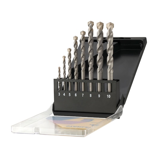 STANLEY STA56040 masonry drill bit set in black plastic case, open at an angle, showing bits size 3 to 10 mm.