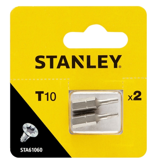 STANLEY STA61060 T10 screwdriver bits pack, two silver bits, front view on yellow packaging.