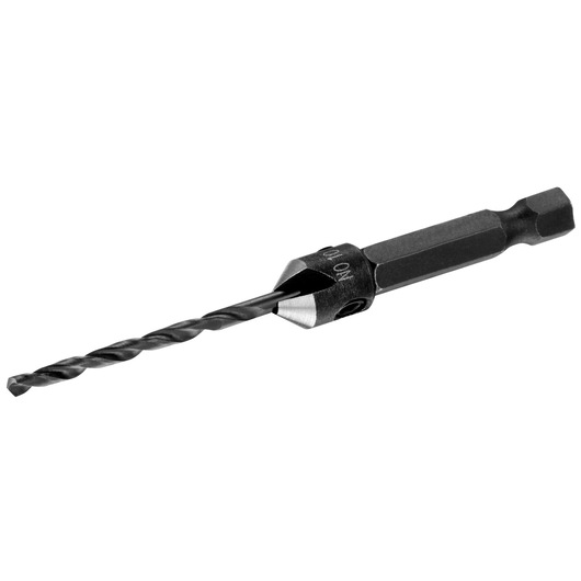 STANLEY STA62508 black hex shank drill bit with countersink, product side angle photo.