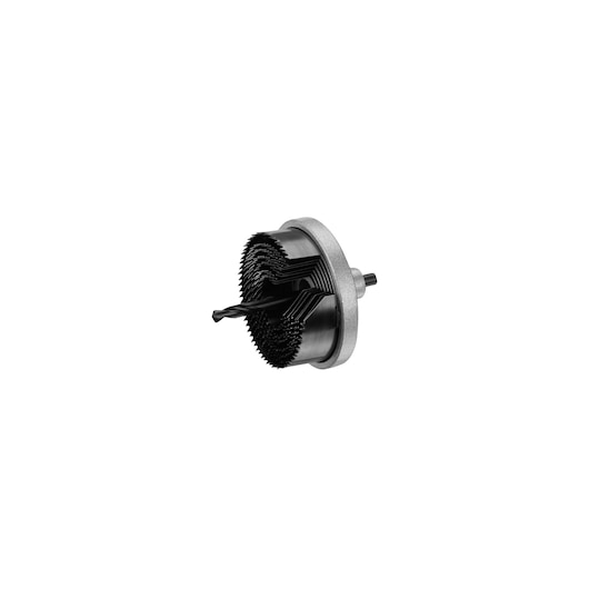 STANLEY STA81000 hole saw set with pilot drill, metal construction, side angle on white background.