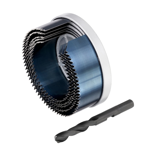 STANLEY STA81025 round multi-size hole saw set with attachment and drill bit, product photography, angled on white.