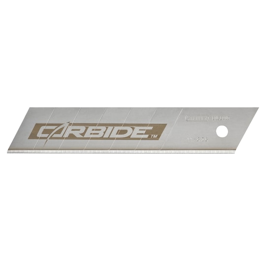 Photo of STANLEY STHT0-11825 snap-off utility knife blade, silver with carbide logo, side view on white background.