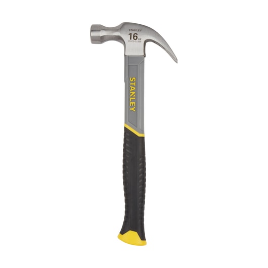 STANLEY STHT0-51309 claw hammer with yellow and black grip, side view, white background.