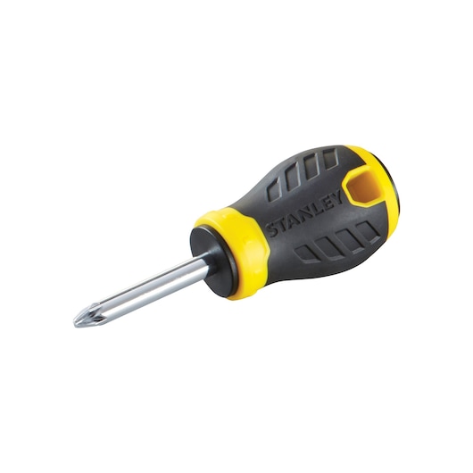 STANLEY STHT0-60275 stubby Phillips screwdriver, black and yellow handle, product photography, angled view.