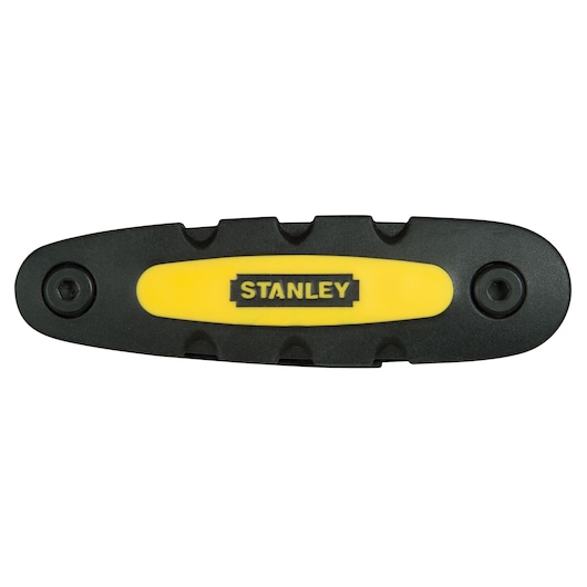 STANLEY STHT0-70695 black and yellow folding hex key set, front angle, photography on white background.