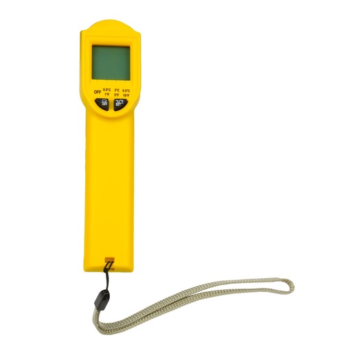 STANLEY STHT0-77365 yellow electronic thermometer with LCD screen, buttons, and wrist strap, front angle.