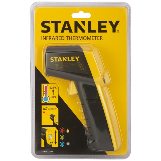Photo of STANLEY STHT0-77365 infrared thermometer in retail packaging, black and yellow, front view.