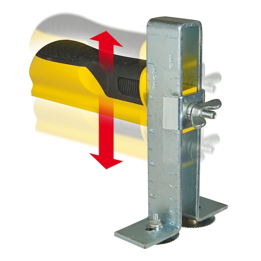 STANLEY STHT1-16069 adjustable metal support bracket with measuring scale and yellow handle, shown from side angle.