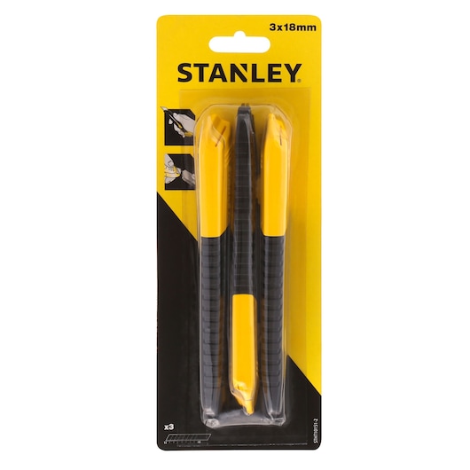 STANLEY STHT10151-2 utility knife pack, yellow and black, photo of front packaging with three knives.