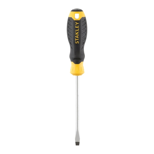 STANLEY STHT16146-0 flathead screwdriver with yellow and black handle, front angle on white background.