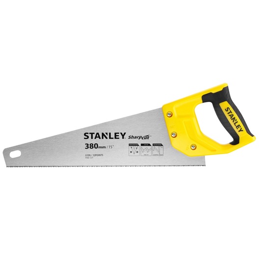 Photo of STANLEY STHT20369-1 hand saw with yellow and black handle, 380mm blade, white background, product side view.