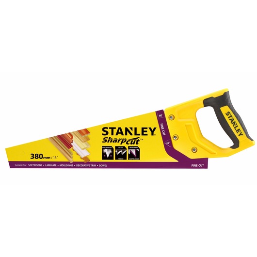 STANLEY STHT20369-1 hand saw, yellow and black handle, SharpCut branding, side angle photo.