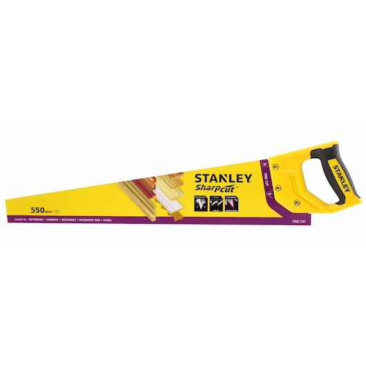 STANLEY STHT20372-1 hand saw, yellow and black handle, SharpCut, 550mm, front angle on white background.