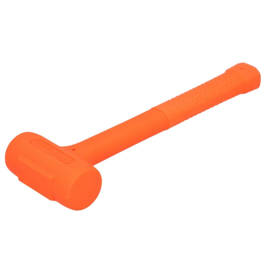 STANLEY STHT57530-0 orange dead blow hammer, textured handle, product side angle, photography.