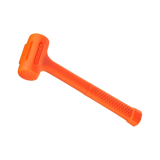 STANLEY STHT57530-0 orange dead blow hammer, textured grip handle, side angle on white background.