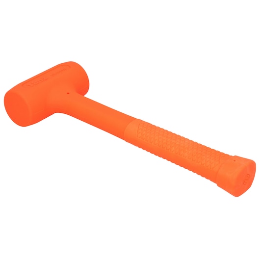 STANLEY STHT57531-0 orange dead blow hammer, textured handle, side angle on white background.