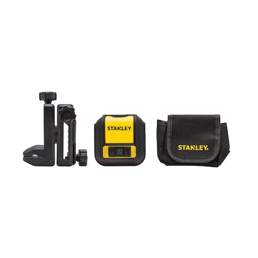 Photo of STANLEY STHT77499-1 yellow and black laser level kit with bracket and pouch, front angle.
