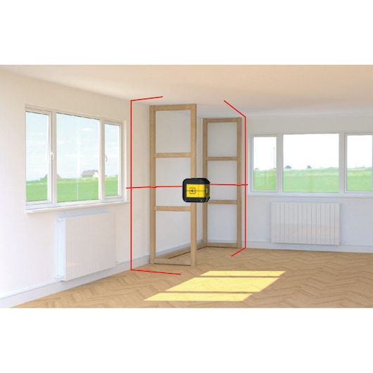 STANLEY STHT77502-1 laser level projecting red lines in room, mounted on wooden frame, photography.