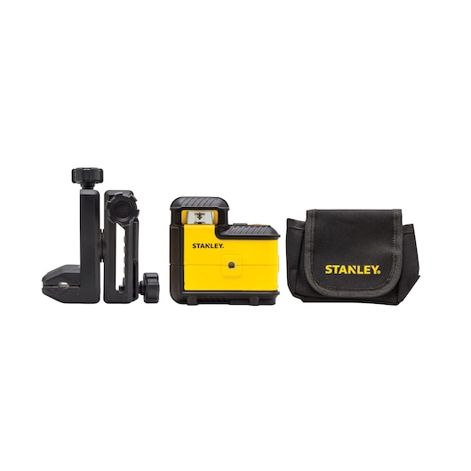 Stanley laser level kit with mounting bracket and carrying pouch, all shown side by side on a white background.