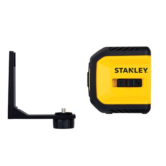 Stanley yellow and black laser level with mounting bracket, side angle on white background