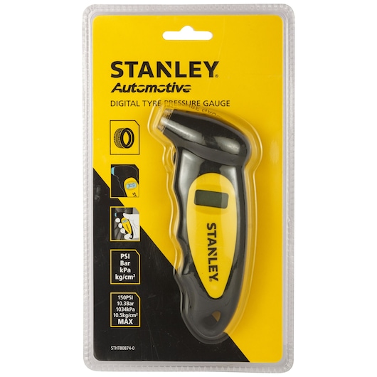 STANLEY STHT80874-0 digital tyre pressure gauge in black and yellow, shown in retail packaging front view.