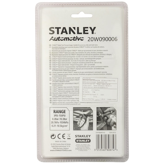 STANLEY STHT80874-0 automotive digital tire pressure gauge packaging, rear view, with usage instructions and specifications.