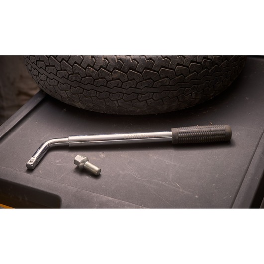 STANLEY STHT80890-0 L-shaped tire wrench with textured grip and bolt, side angle photo.