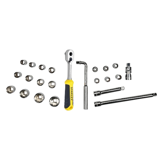 Stanley socket wrench set with ratchet, sockets, extension bars and accessories arranged on white background.