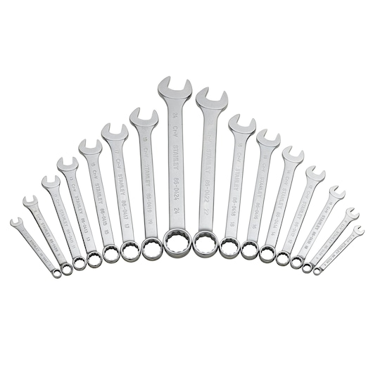 STANLEY STMT1-74178 wrench set, 16-piece, chrome finish, arranged in a semicircle, top view on white background.