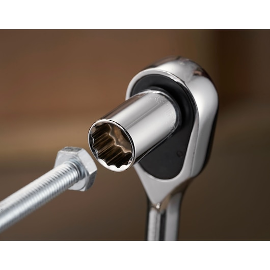STANLEY STMT82671-0 socket wrench close-up with chrome socket gripping a metal bolt.
