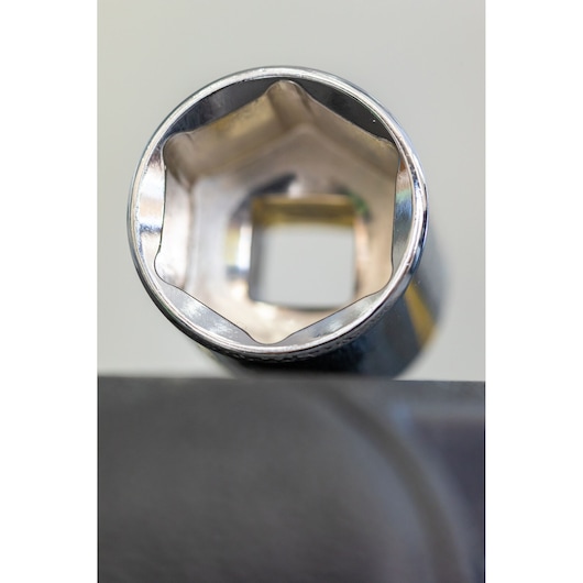 Photo of STANLEY STMT82829-1 socket wrench head, chrome finish, close-up top view.