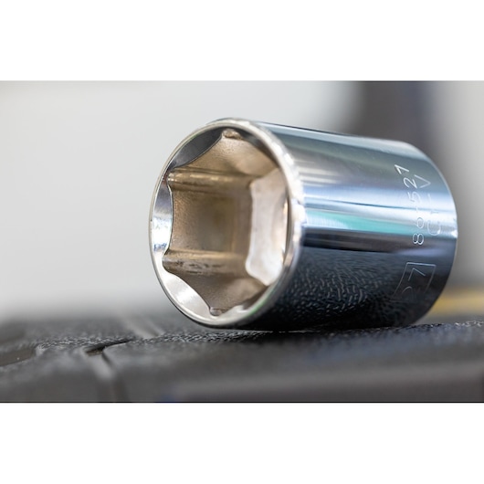 Photo of STANLEY STMT82829-1 chrome socket, close-up angle, tool category.
