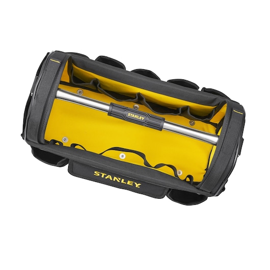 STANLEY STST1-70712 tool bag, yellow and black, top view with metal handle.