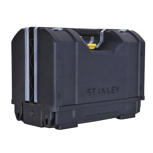 STANLEY STST1-71963 black hard plastic tool box, angled view, sturdy handle, photography product.