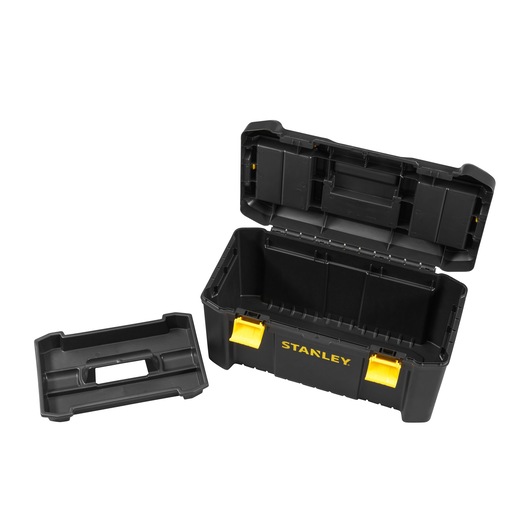 STANLEY STST1-75520 black plastic toolbox with open lid, removable tray, top view on white background.