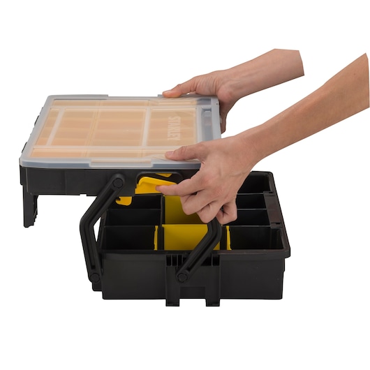 Stanley STST1-75540 black and yellow organizer box with clear lid being opened, photography, front angle.