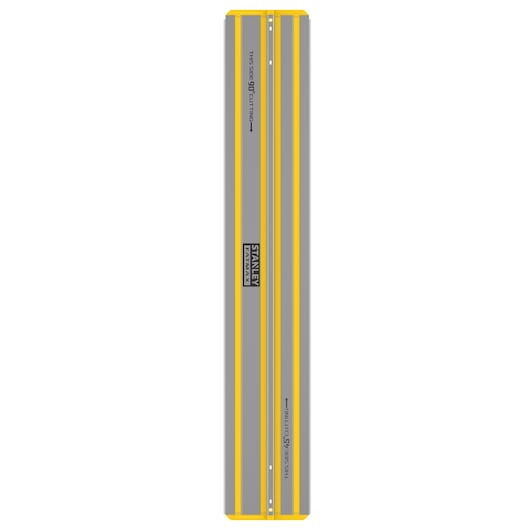 STANLEY STST140-XJ silver and yellow metal guide rail, top view, for precise circular saw cutting.