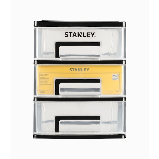 STANLEY STST40712-1 clear plastic 3-drawer storage unit, black trim, front view, photography product image.