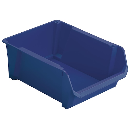 STANLEY STST82743-1 blue plastic storage bin, photography, angled on white background.