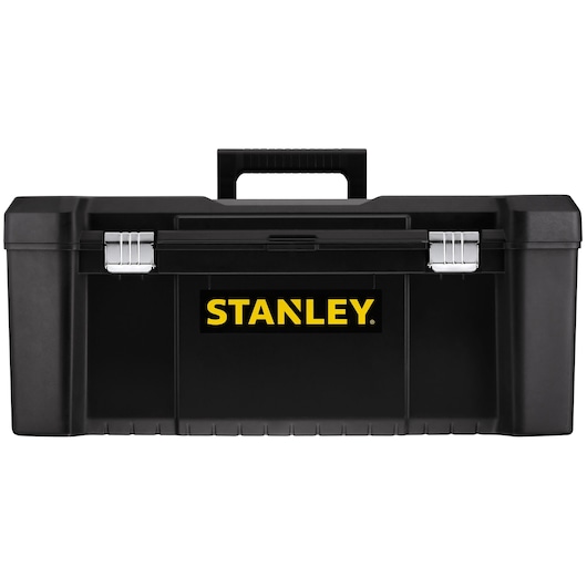 STANLEY STST82976-1 black plastic toolbox with handle, front view, photography on white background.