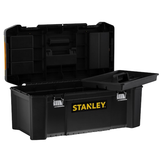STANLEY STST82976-1 black plastic toolbox with open lid, removable tray, and silver latches, front angle.