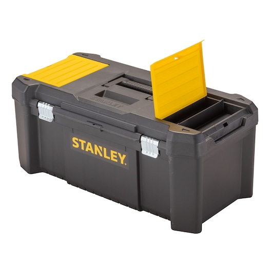 STANLEY STST82976-1 black and yellow tool box, angled view, with open compartment lid.